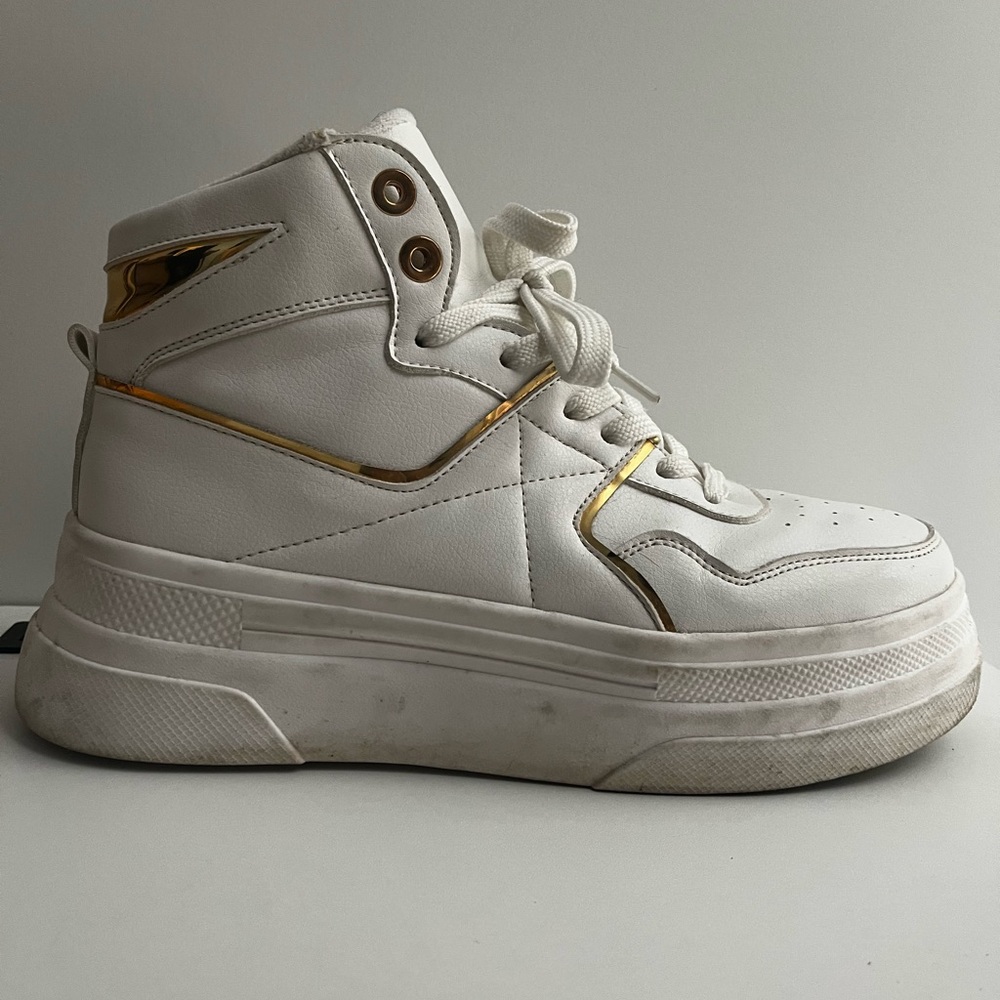 Women's White and Gold High-Top Sneakers